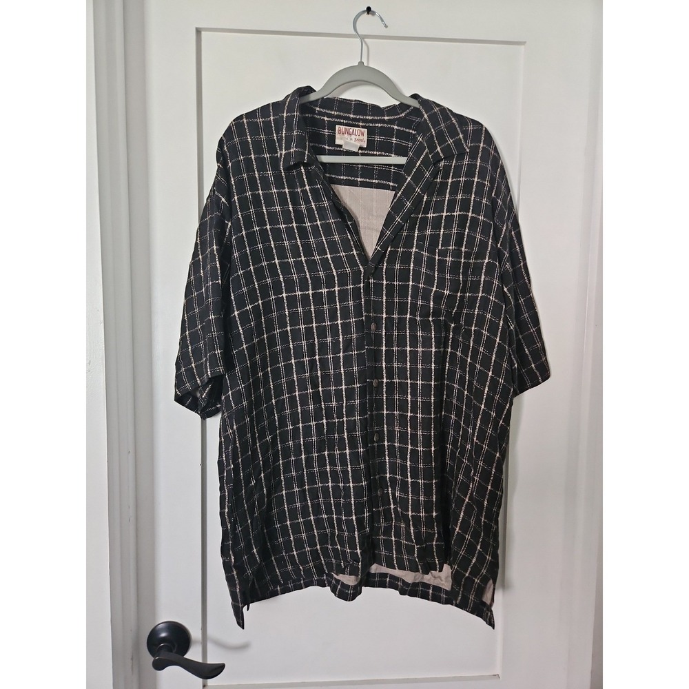 VTG Bungalow Brand Rayon Plaid Button Up Shirt Large Black Tan Grunge Y2K 90s